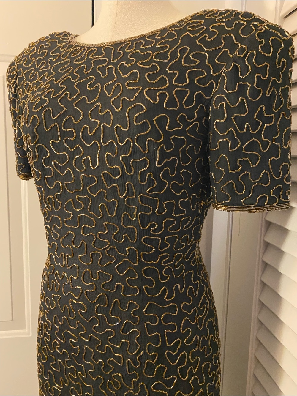 Vintage 80’s “Joan Leslie” Black Silk w/ Gold Beading Cocktail Dress- Size 4P - Picture 3 of 8